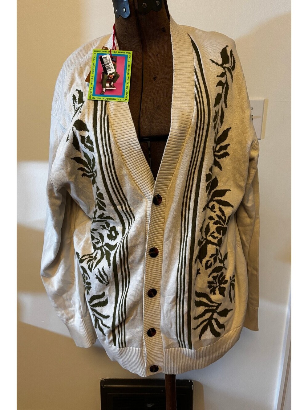 NWT Houston White Floral Jacquard Cardigan Men’s L Cream Olive 100% Cotton (182)